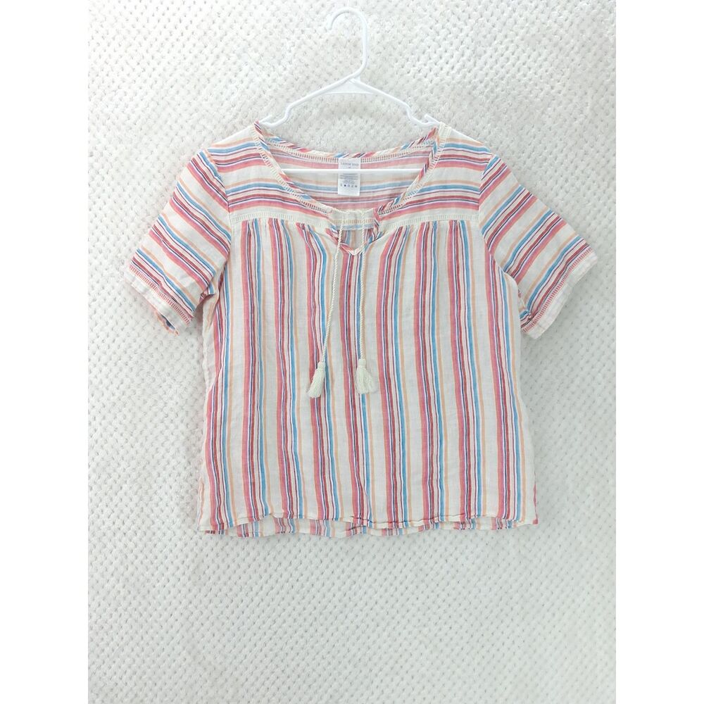 Lands' End Women's 14P Striped Linen Short Sleeve Tassel Short Sleeve Shirt
